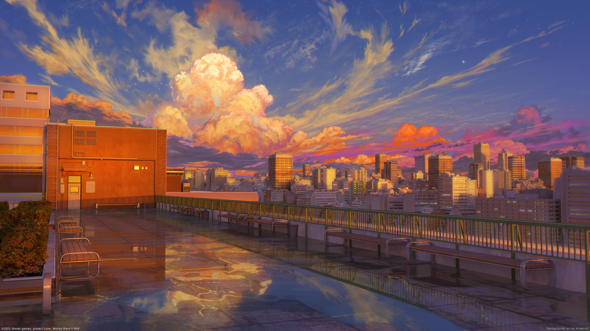 This is a pixiv picture whose title is School Roof Sunset.