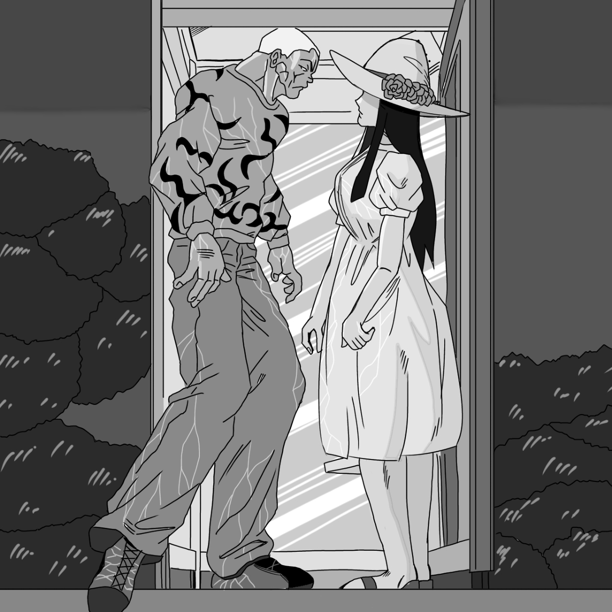 This is a pixiv picture whose title is 睨み合う八尺様とジャック・ハンマー.