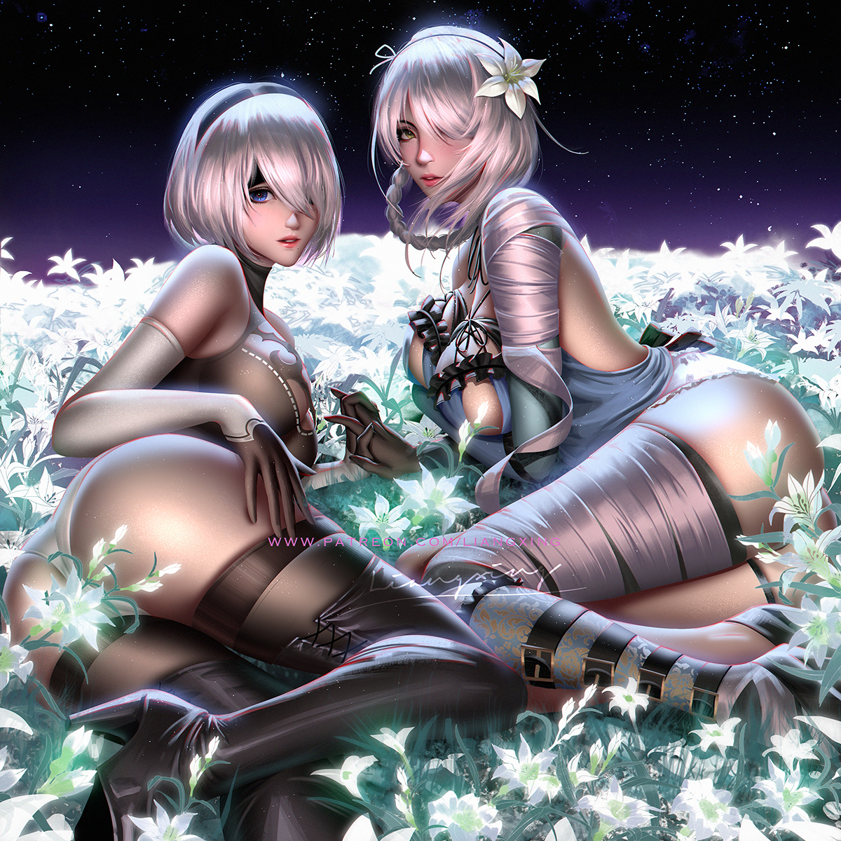 This is a pixiv picture whose title is 2b and Kaine.