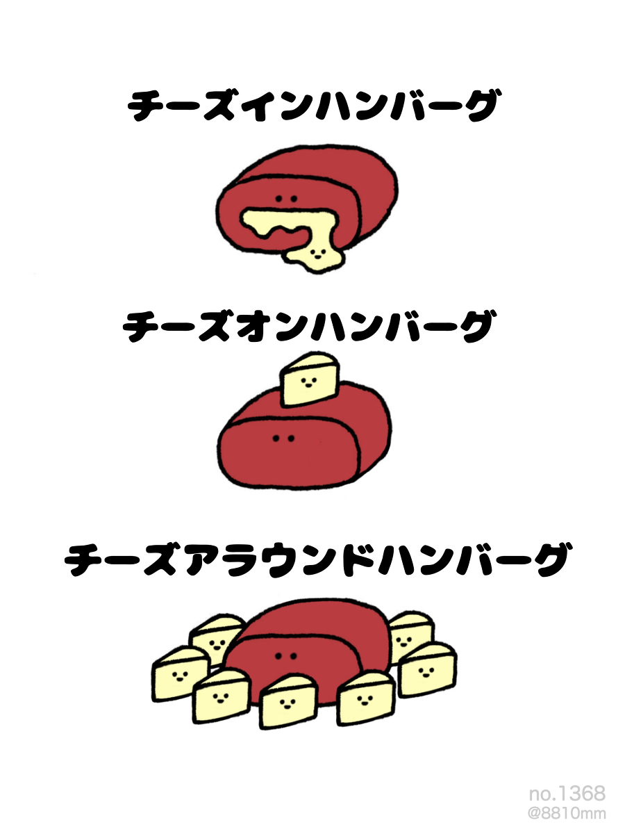 This is a pixiv picture whose title is no.1368 『 チーズインハンバーグ 』.