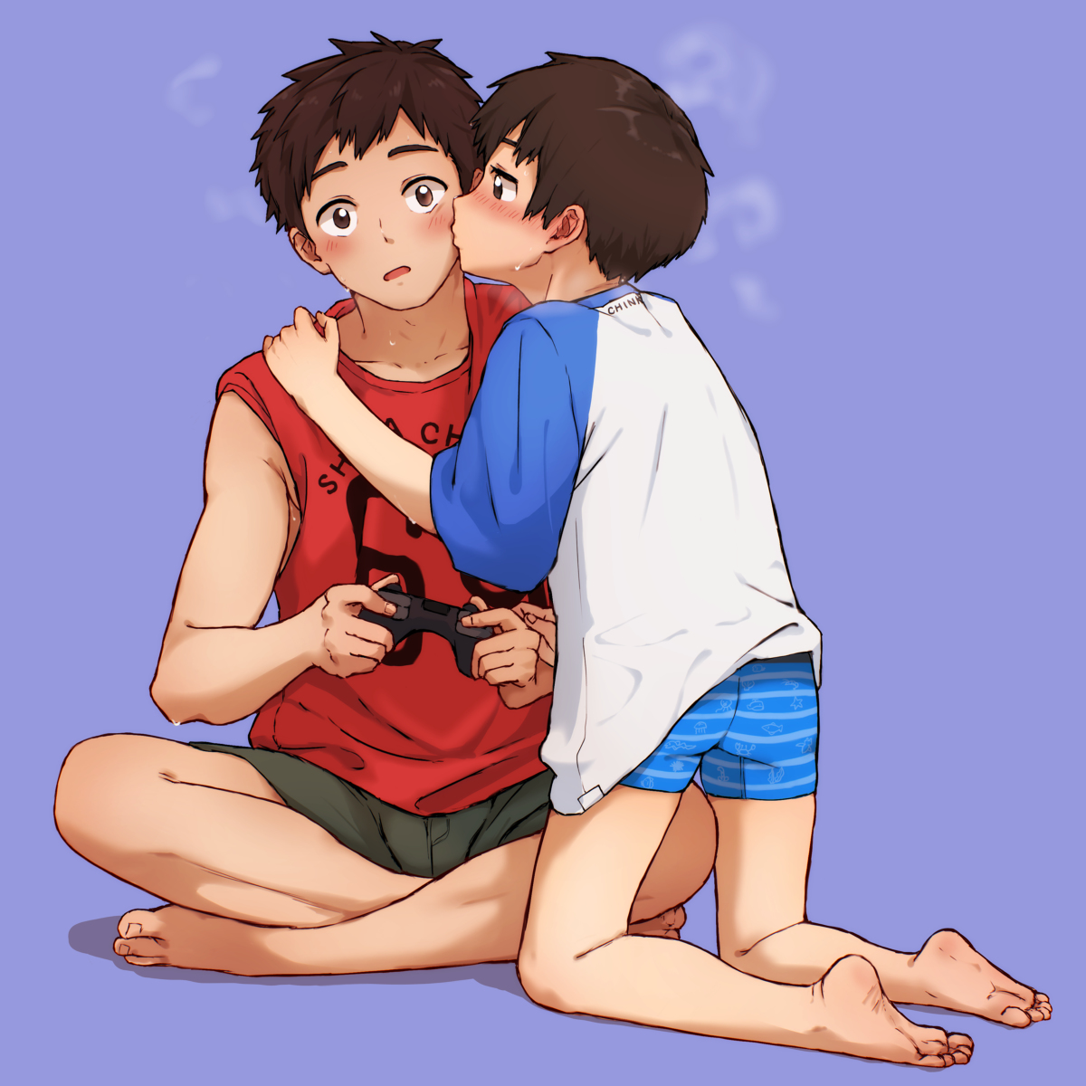 This is a pixiv picture whose title is 【ネップリ】ゲームに夢中なお兄さんにチュウするしょた.