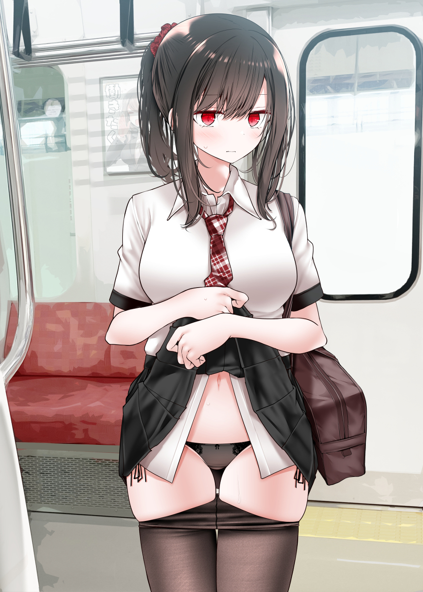 This is a pixiv picture whose title is 通勤電車でぱんつを見せてくるポニテJK.