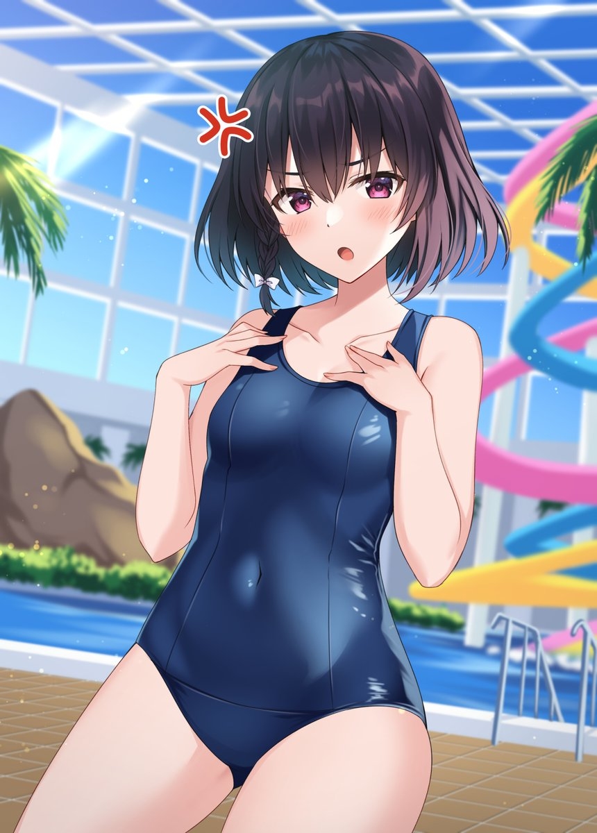 This is a pixiv picture whose title is 「スク水が良いっていうから着たけど…」.