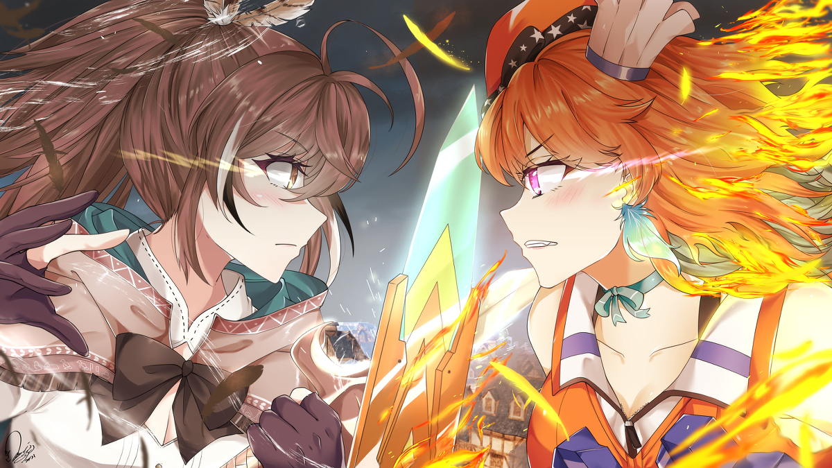 This is a pixiv picture whose title is Nanashi Mumei vs Takanashi Kiara.