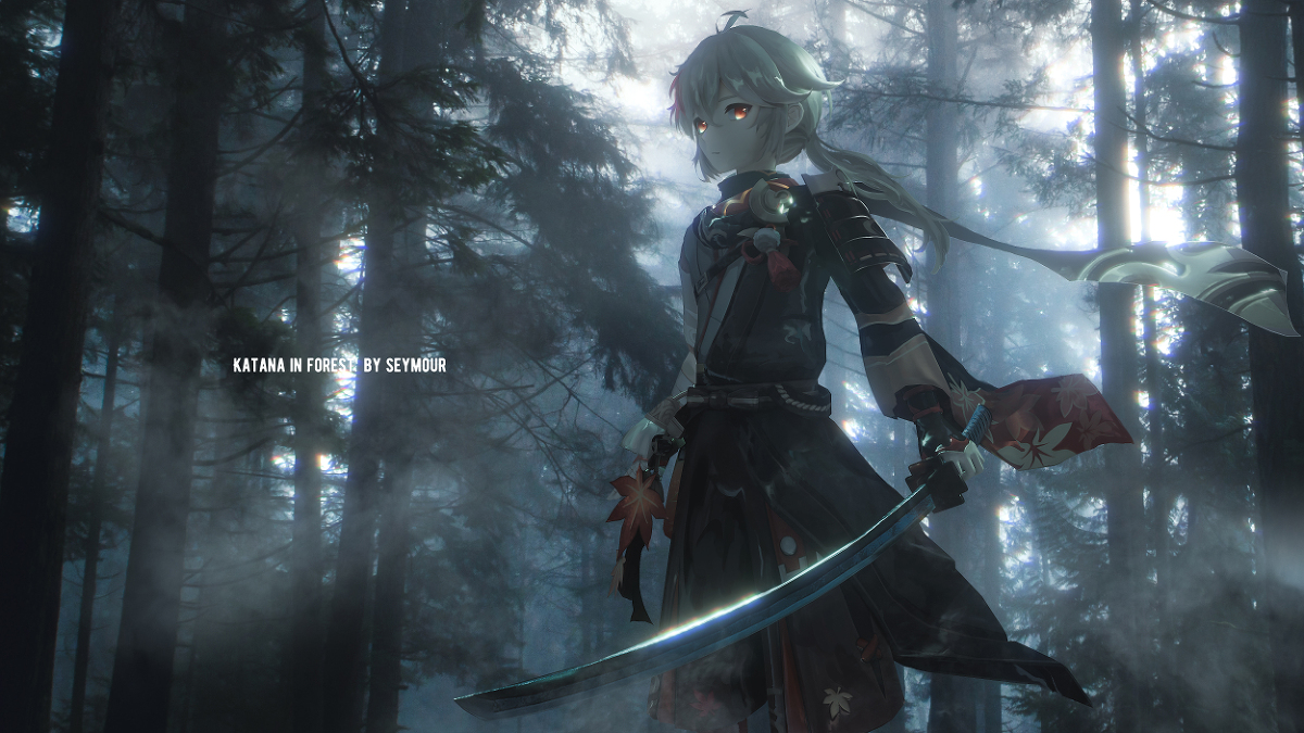 This is a pixiv picture whose title is 万叶· Forest Katana.