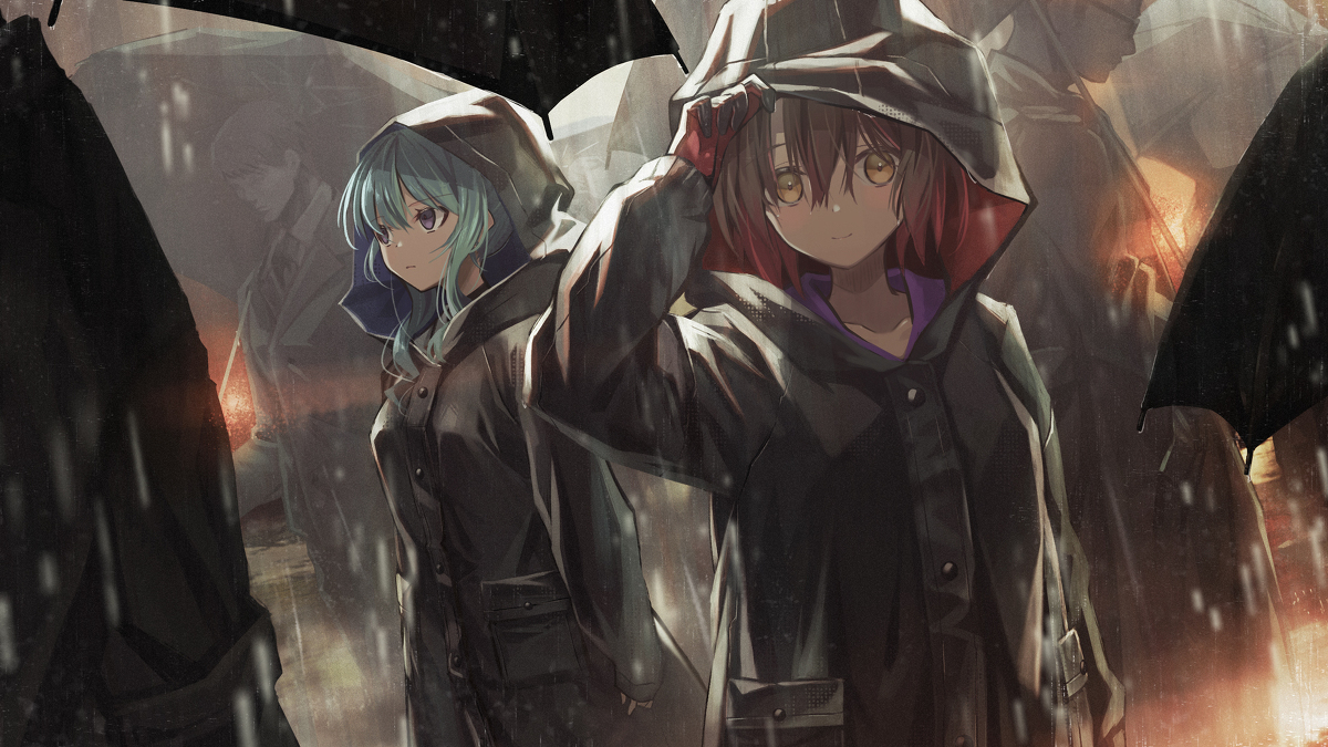 This is a pixiv picture whose title is 雨の中のロボ子さん&すいちゃん.