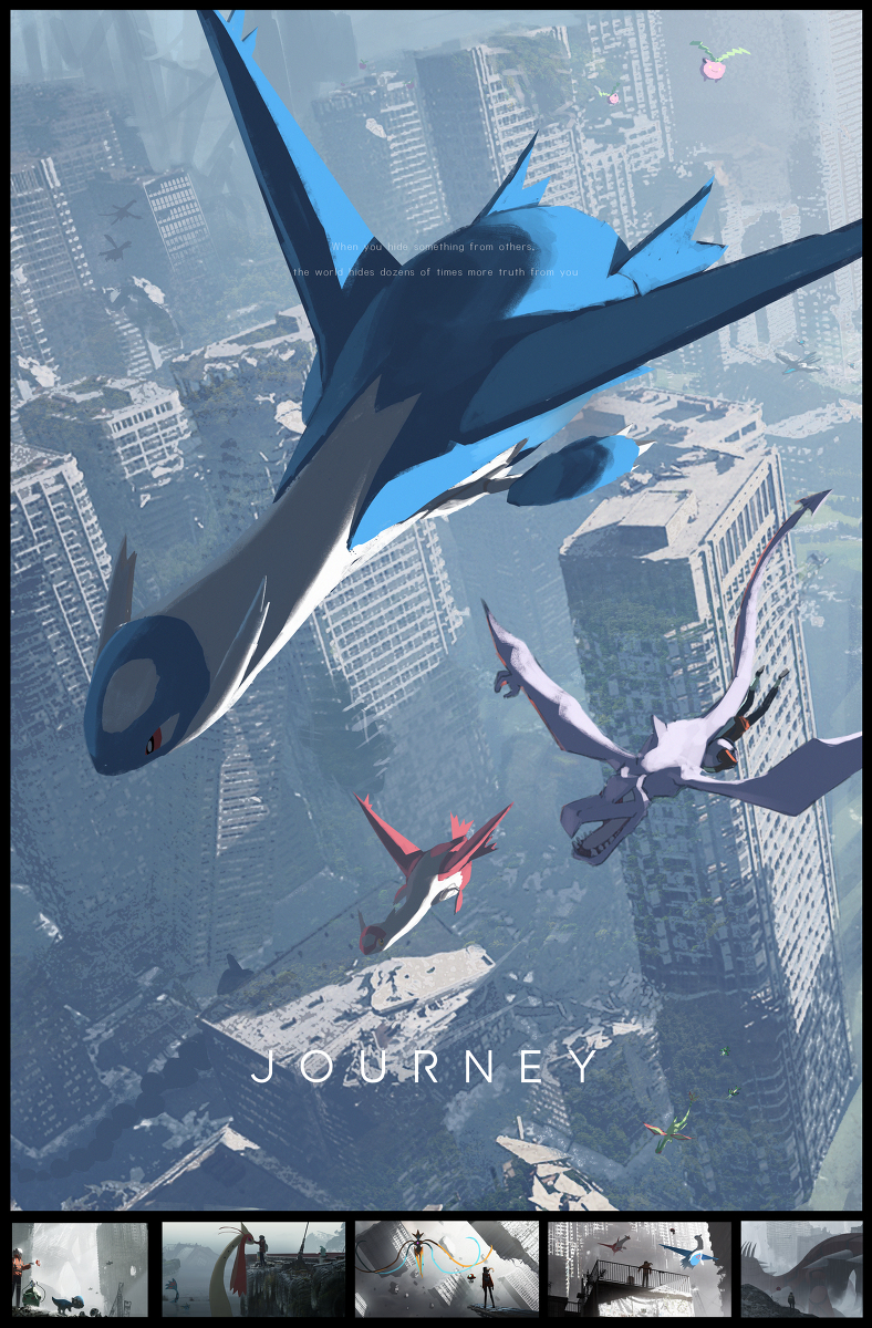 This is a pixiv picture whose title is ポケモンと廃墟探索.