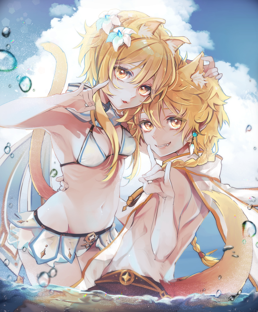 This is a pixiv picture whose title is ケモミミ水着の蛍と空.