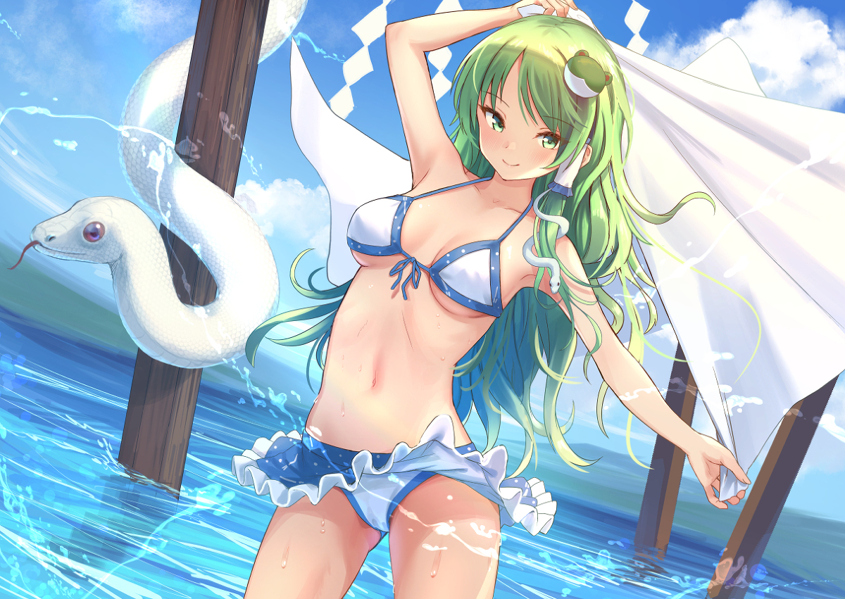 This is a pixiv picture whose title is 早苗さん水着.