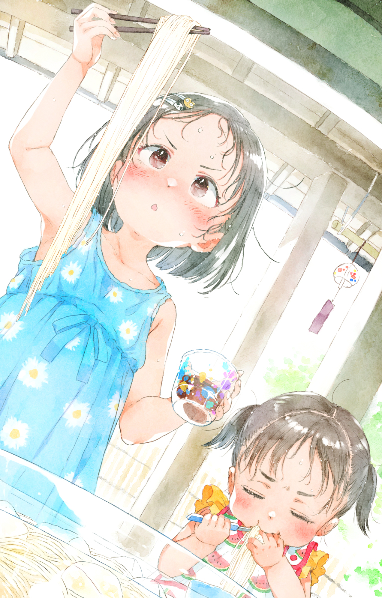 This is a pixiv picture whose title is これは、田舎のおばあちゃん家でそうめんを喰らうじとぺた姉妹.