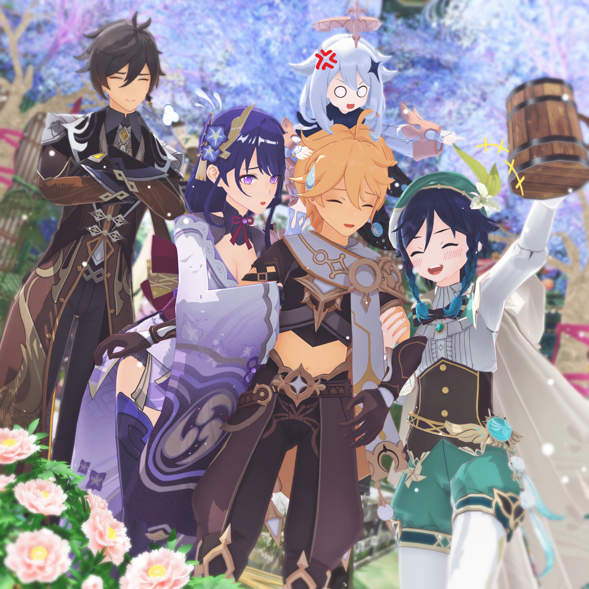 This is a pixiv picture whose title is 【原神MMD】空さん、七神の３人さん.