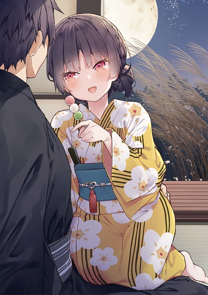 This is a pixiv picture whose title is 「十五夜は今も昔も変わらない」《お月見編》.
