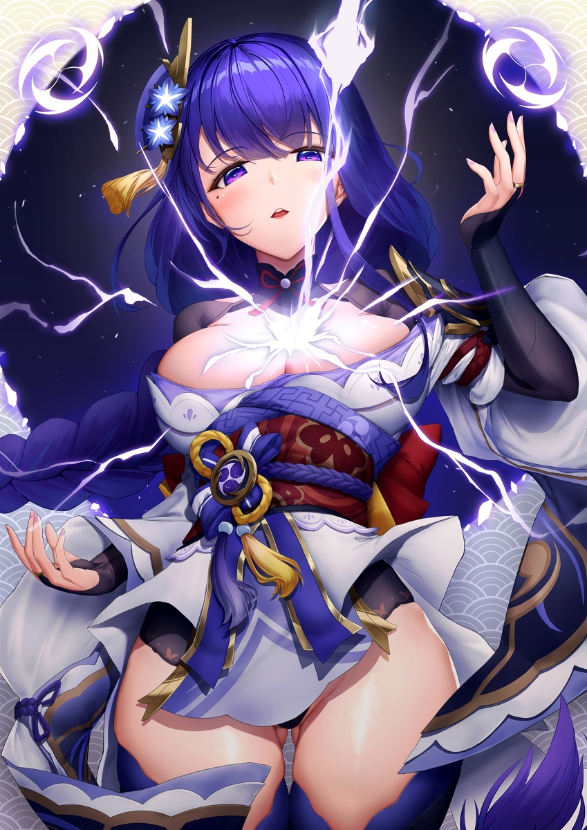 This is a pixiv picture whose title is 「雷電影～夢想の一太刀～」.