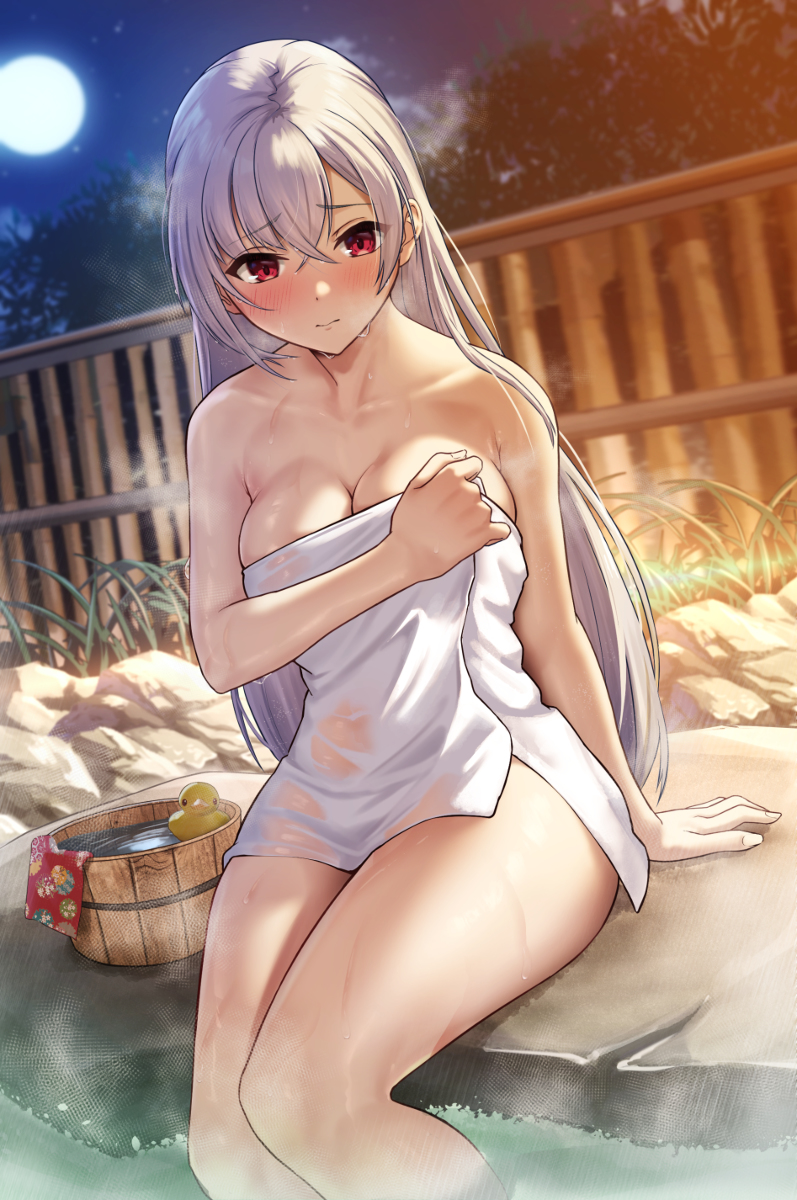 This is a pixiv picture whose title is 「 混浴って初めてなんだ。 少し恥ずかしい… 」.