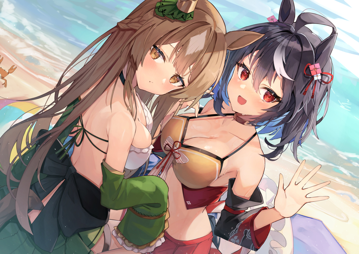 This is a pixiv picture whose title is 水着キタちゃんサトちゃん(理想郷）.