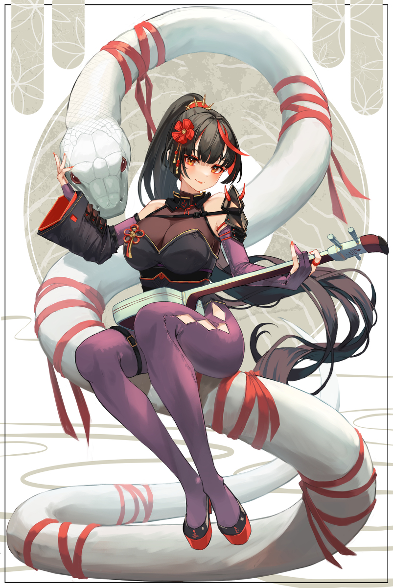 This is a pixiv picture whose title is 蛇と三味線とくのいち.
