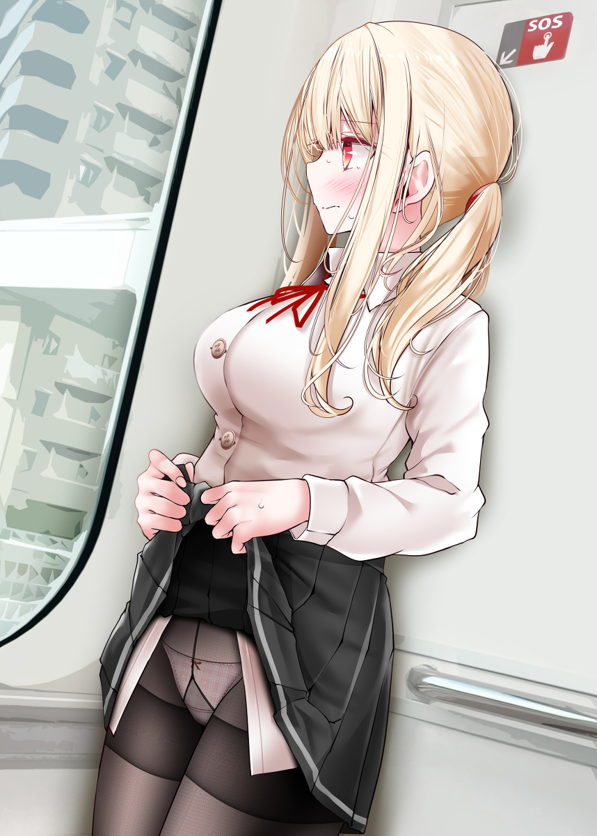 This is a pixiv picture whose title is 通勤電車で隣に立ってる金髪JKがぱんつを見せてくる.