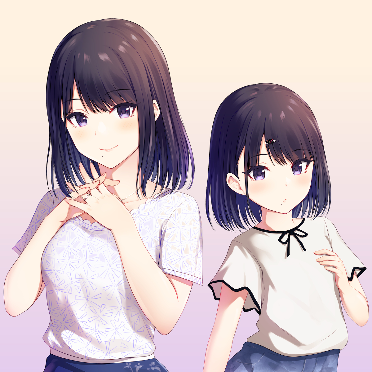 This is a pixiv picture whose title is ボブヘアーの灯織（人妻verと子供時代ver).