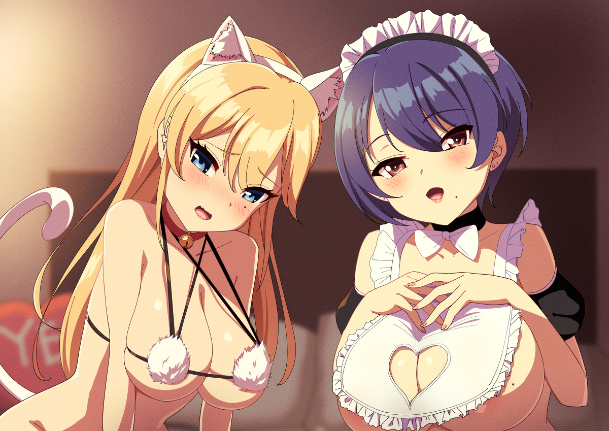 This is a pixiv picture whose title is メイドさんと猫ちゃんの乳比べ.