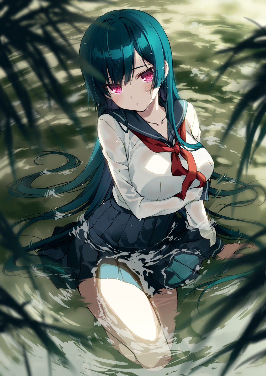 This is a pixiv picture whose title is 川辺の少女.