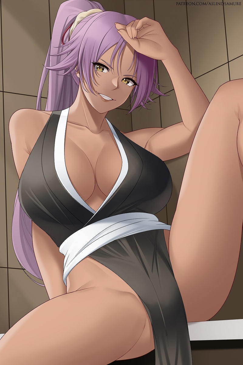 This is a pixiv picture whose title is Shihouin Yoruichi (Bleach).