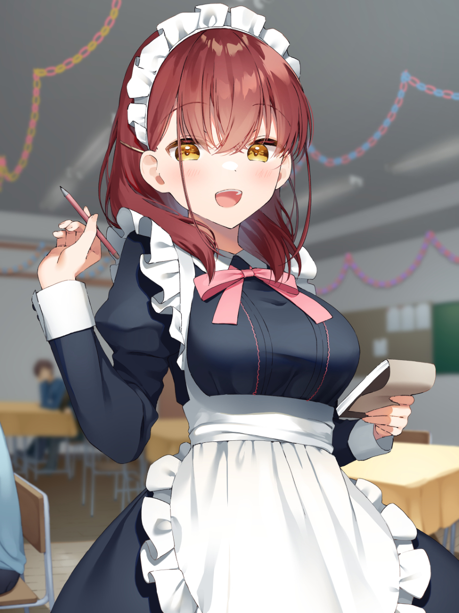 This is a pixiv picture whose title is 「何たのみますかぁ～？せんぱ...ご主人様♡」.