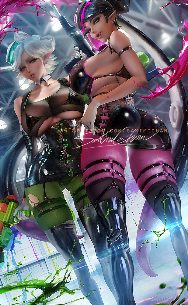 This is a pixiv picture whose title is シオカラーズ Squid sisters 鱿鱼游戏.