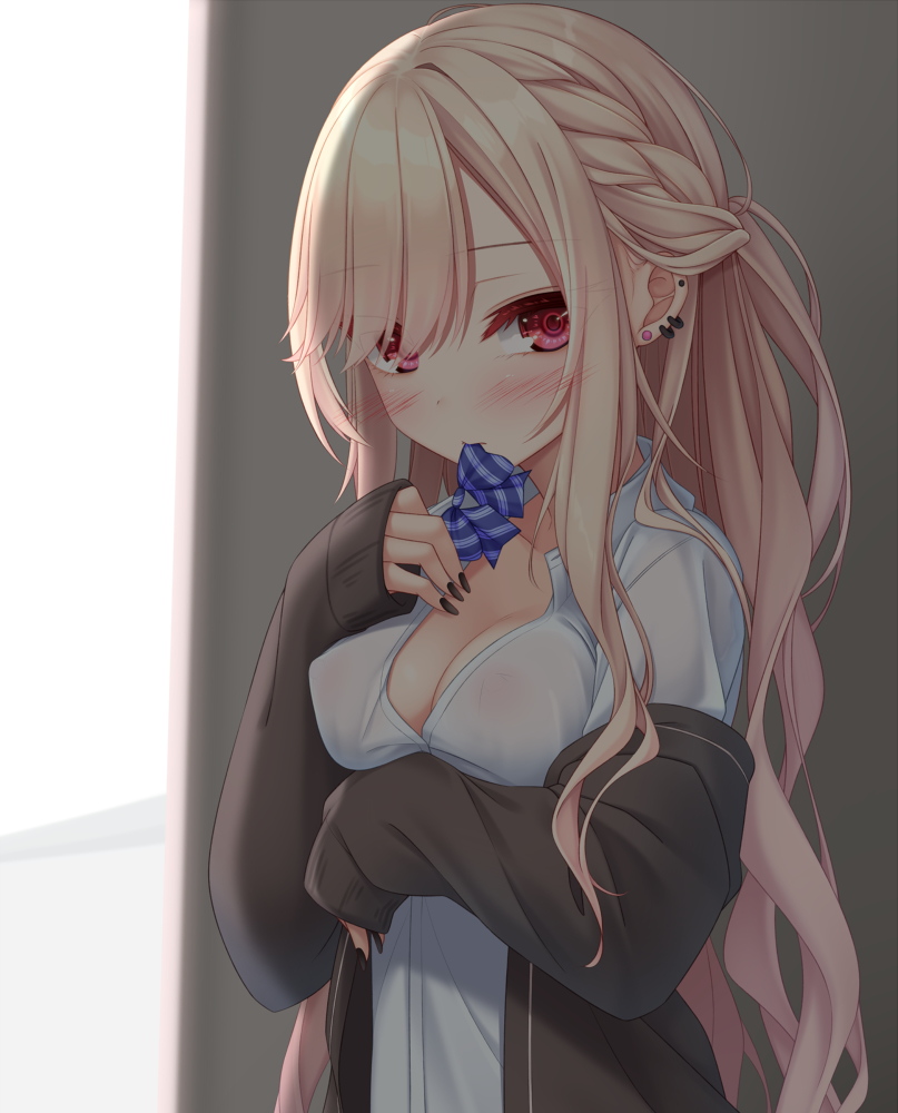 This is a pixiv picture whose title is 廊下の隅でつけてないアピールしてくるJK.