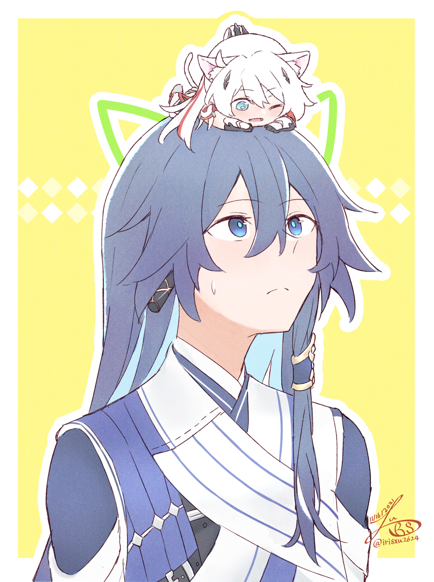 This is a pixiv picture whose title is There's a cat on my head.