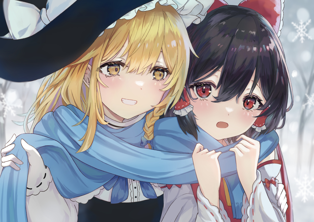 This is a pixiv picture whose title is 初雪の巫女と魔法使い❄️.
