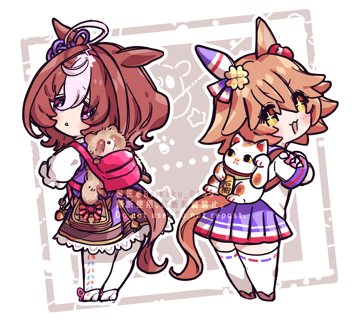 This is a pixiv picture whose title is メイショウイドトウとマチカネフクキタルとタヌキと招き猫.