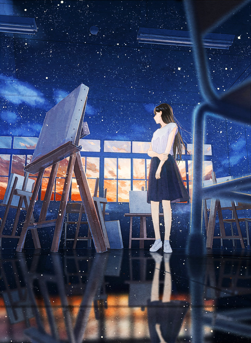 This is a pixiv picture whose title is その日、絵空事の君を描く.