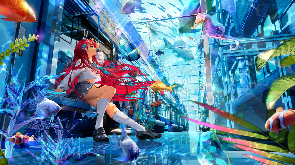 This is a pixiv picture whose title is 海底硝子電車.