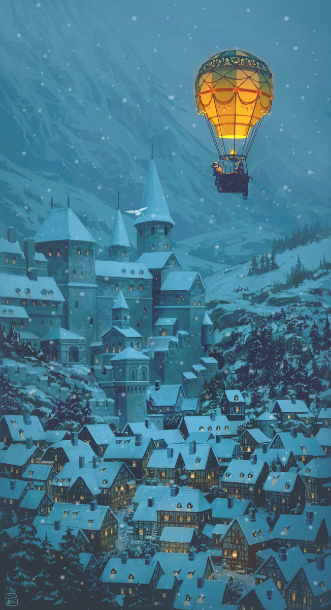 This is a pixiv picture whose title is 「梟追いかけて雪の街」.