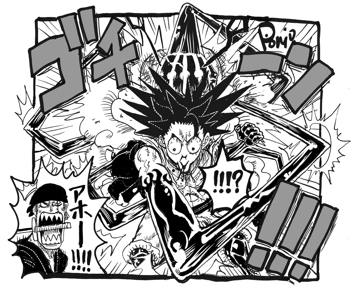 This is a pixiv picture whose title is 自分の頭にJET大蛇砲を打ち込むルフィ.