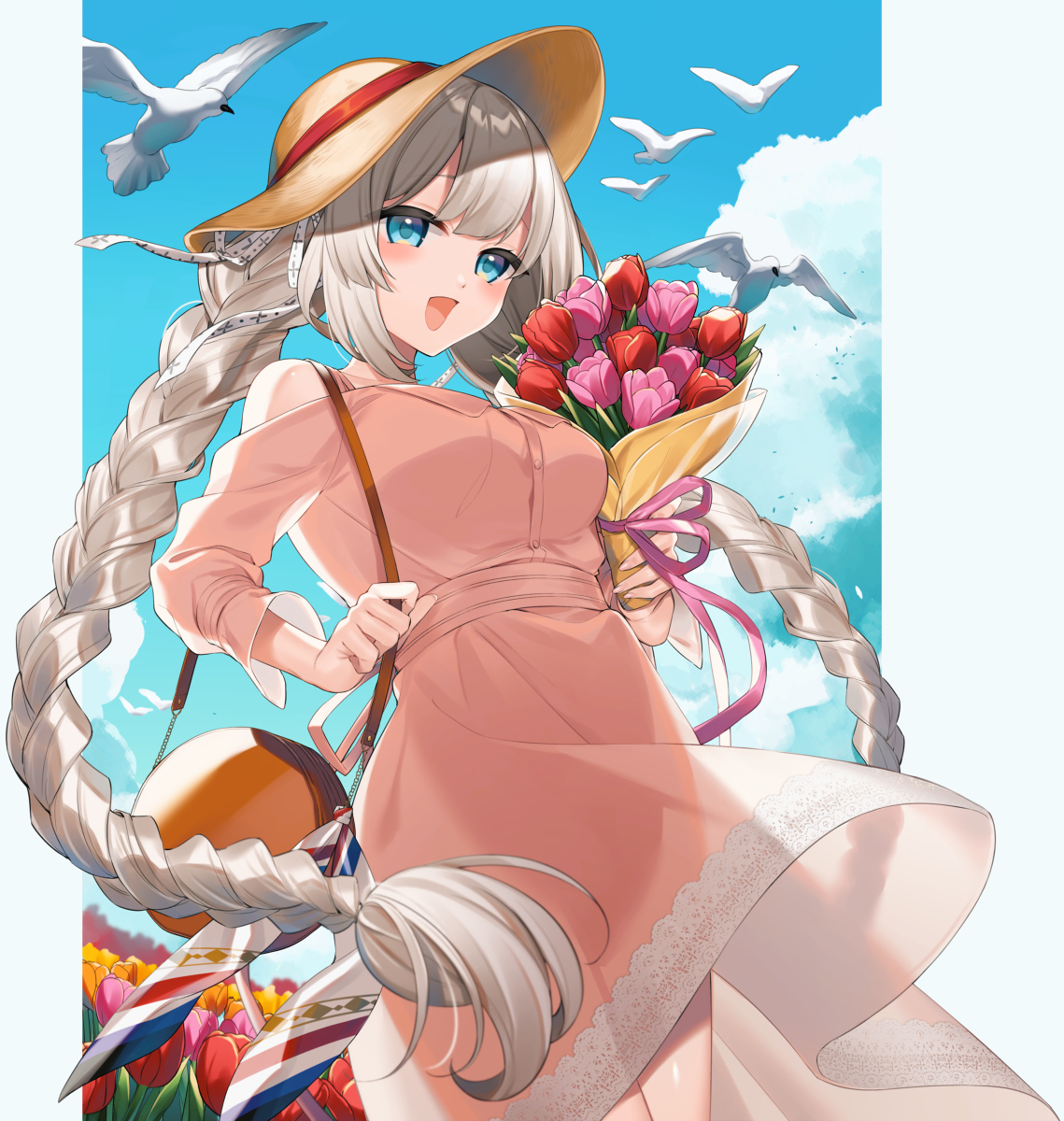 This is a pixiv picture whose title is 【寄稿イラスト】チューリップ畑であなたと.