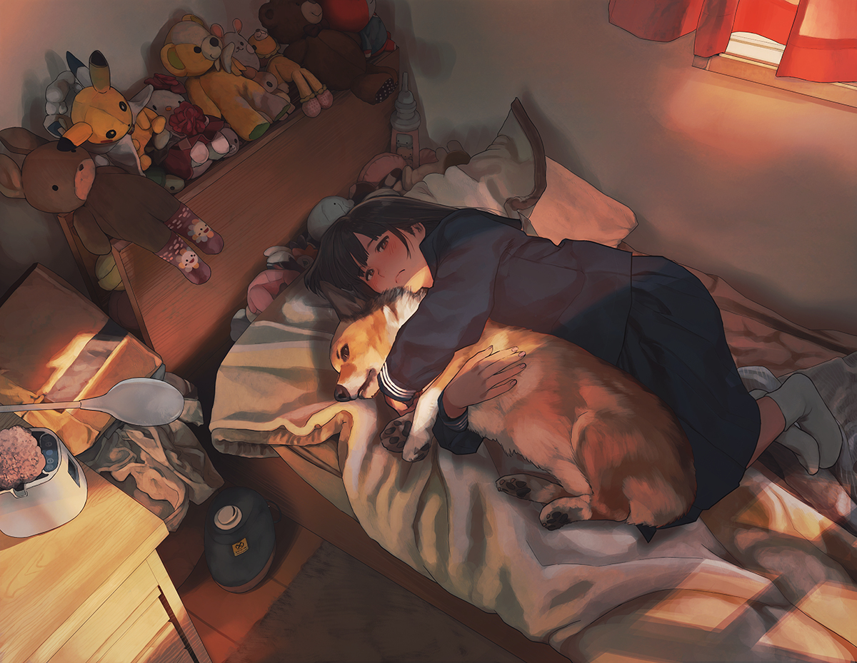 This is a pixiv picture whose title is 犬を抱きしめれば問題ない.