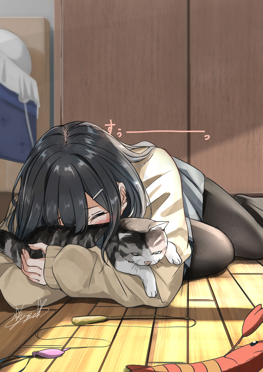 This is a pixiv picture whose title is 猫吸い.