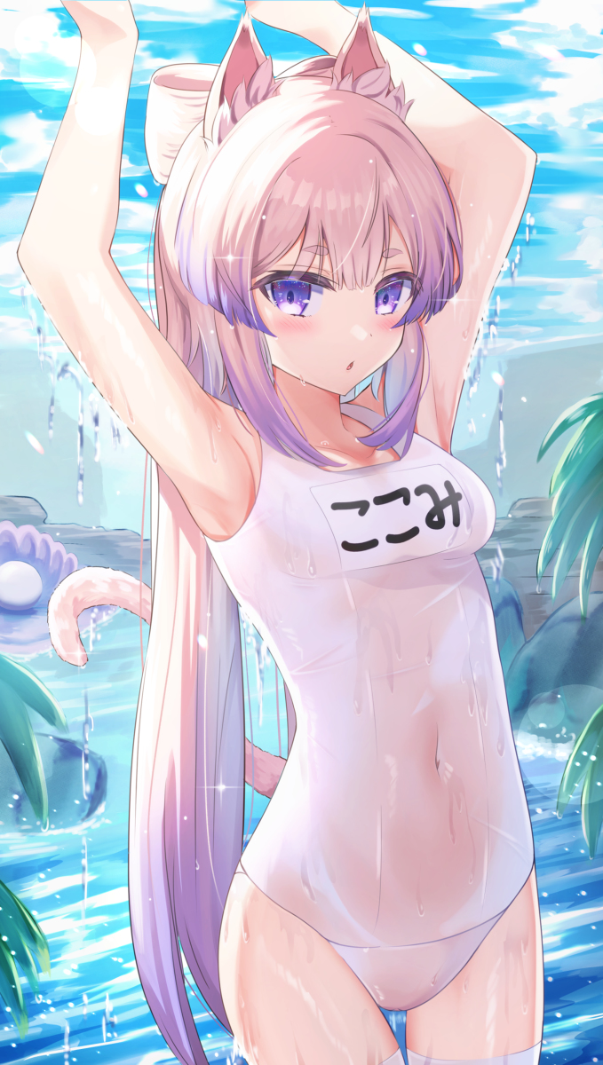 This is a pixiv picture whose title is ケモ耳スク水ニーソマシマシ　4杯目　珊瑚宮心海.