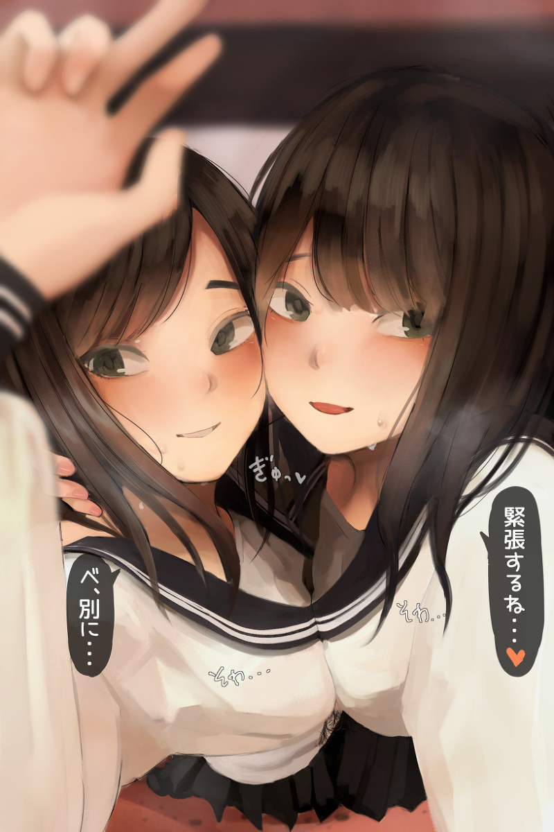 This is a pixiv picture whose title is 初ラブホ記念自撮りな百合女子たち.