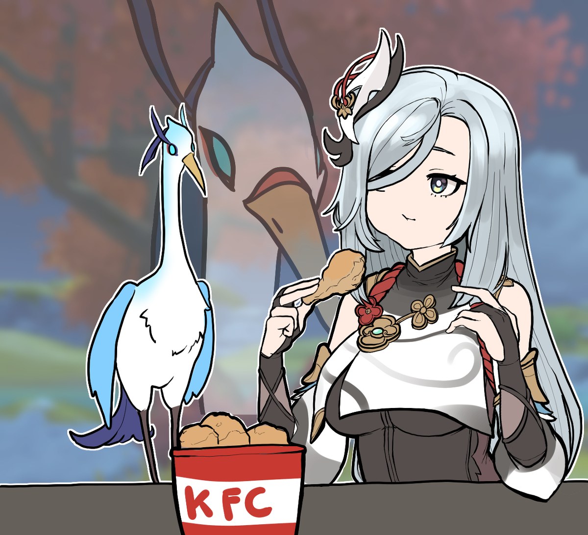 This is a pixiv picture whose title is Eating chicken InForntOf her mom.