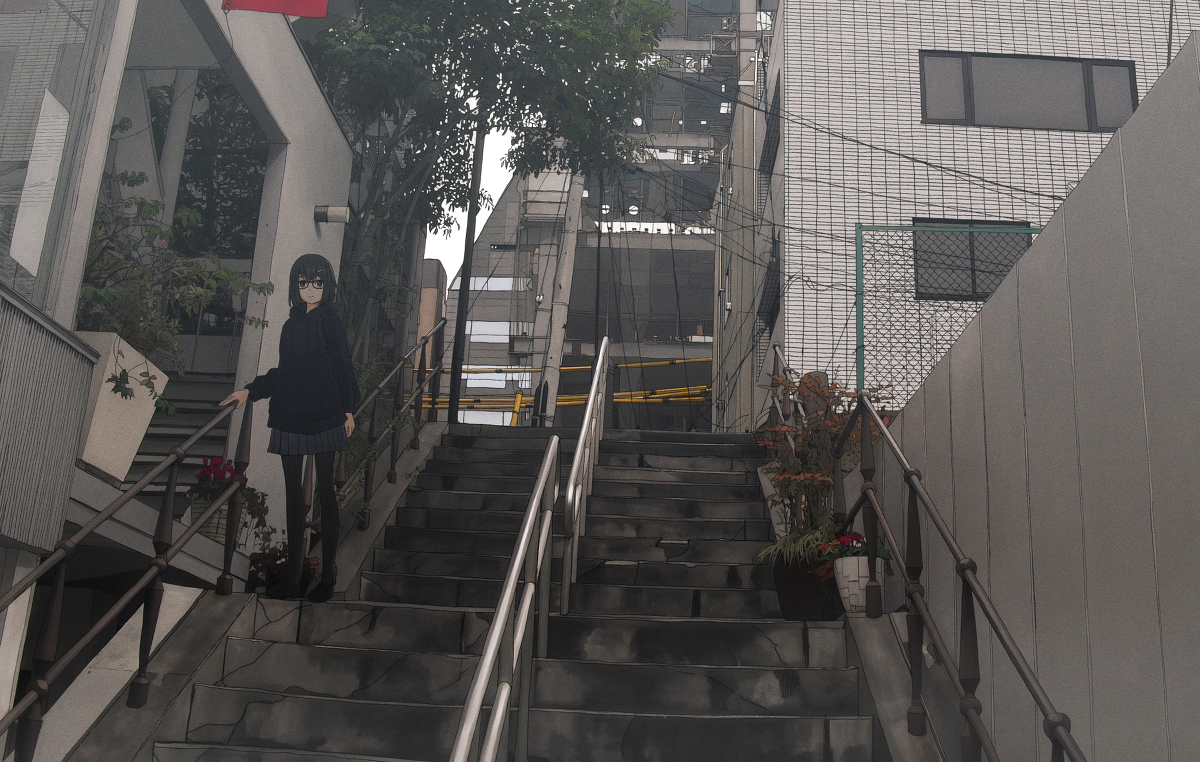 This is a pixiv picture whose title is 階段の途中.
