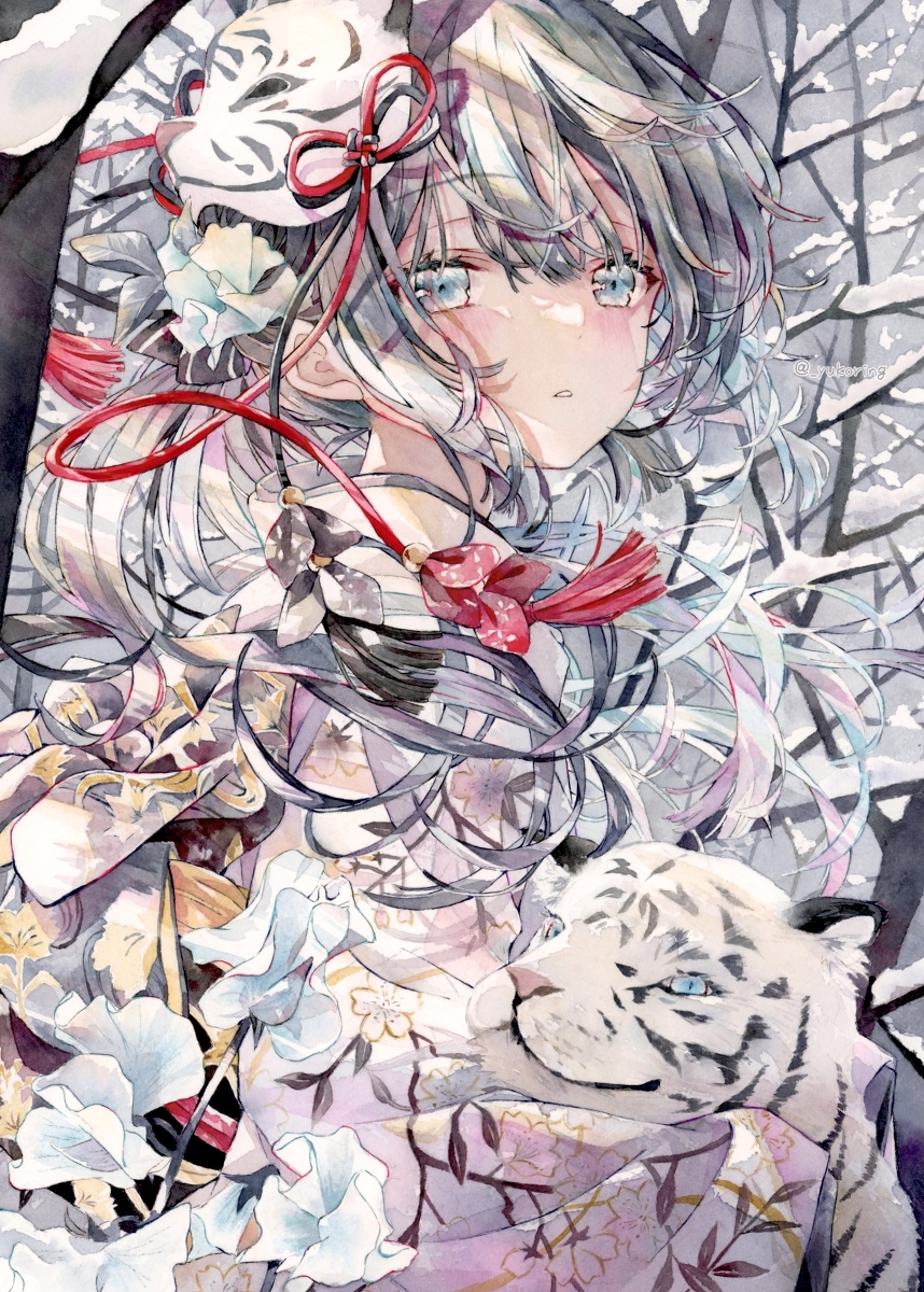This is a pixiv picture whose title is 透明水彩＊雪山と白虎.
