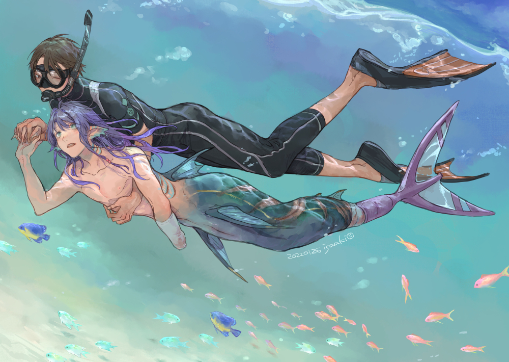 This is a pixiv picture whose title is 義ヒレ人魚(欠損表現).