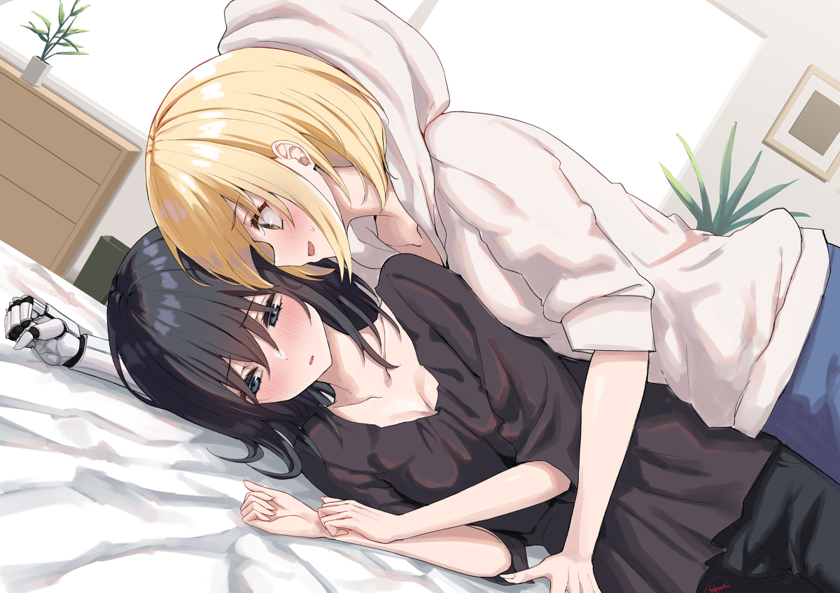 This is a pixiv picture whose title is ノリで押し倒したら流れ変わった百合.