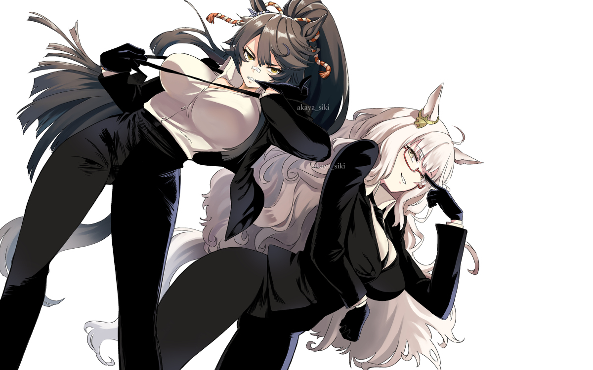 This is a pixiv picture whose title is 【skeb】ナリタブライアン　ビワハヤヒデ　スーツ姿.