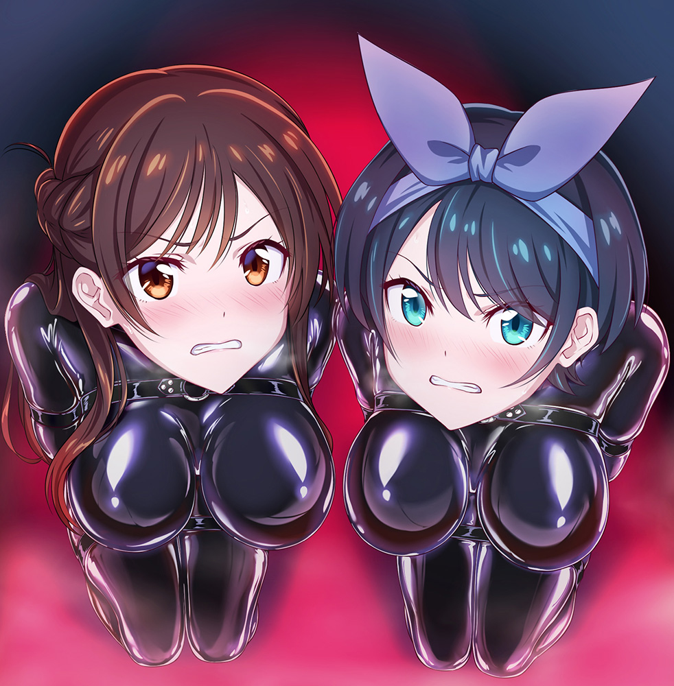 This is a pixiv picture whose title is 【Skeb】拘束されたレンカノ達にフェラマスク装着！.