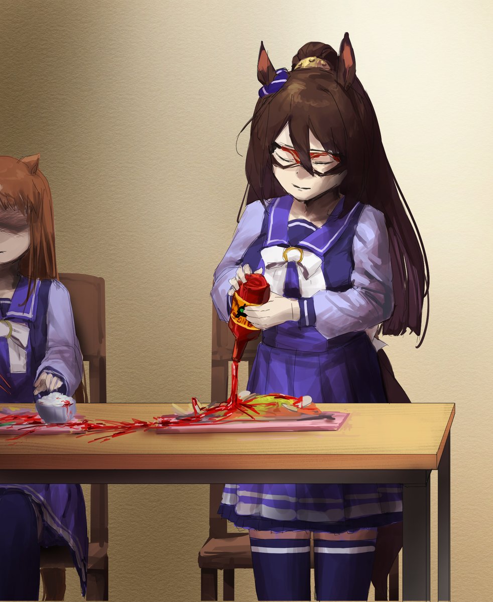 This is a pixiv picture whose title is 何にでもデスソースを掛けるエルコンドルパサー.