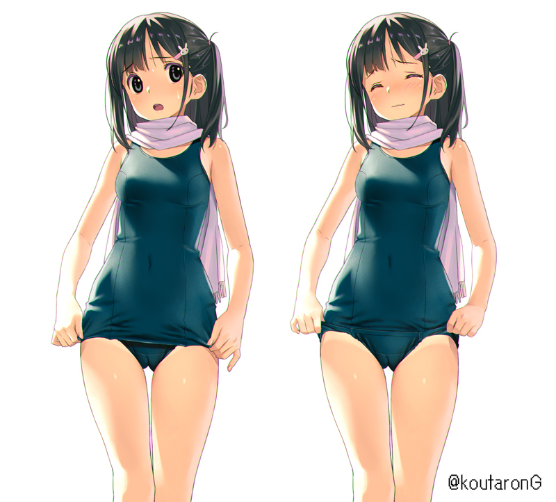 This is a pixiv picture whose title is スク水スカートめくり.