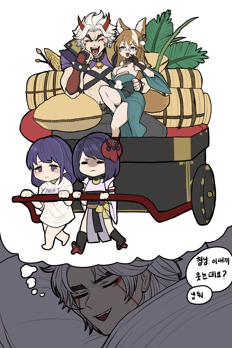 This is a pixiv picture whose title is 이토의 부하가 된 사라와 라이덴.